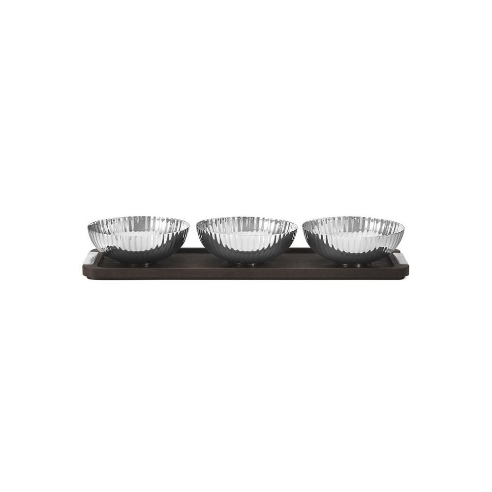 Georg Jensen Bernadotte Triple Bowl set in Stand Wood & Stainless Steel